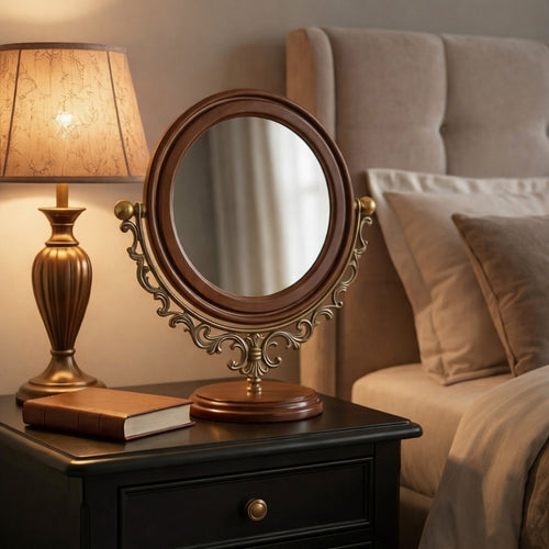 Classic Round Vanity Mirror with Wooden Base and Ornate Brass Frame