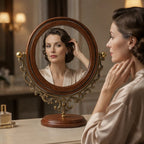 Classic Round Vanity Mirror with Wooden Base and Ornate Brass Frame