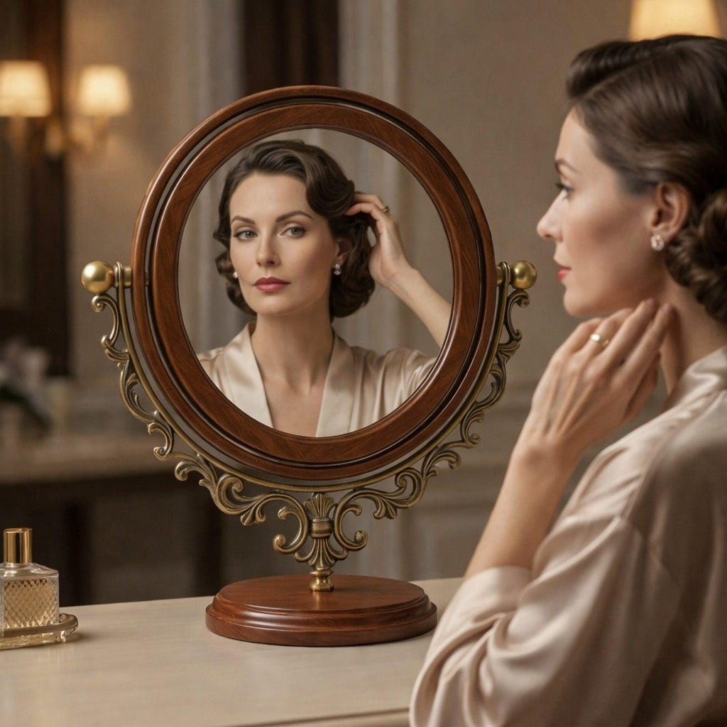 Classic Round Vanity Mirror with Wooden Base and Ornate Brass Frame