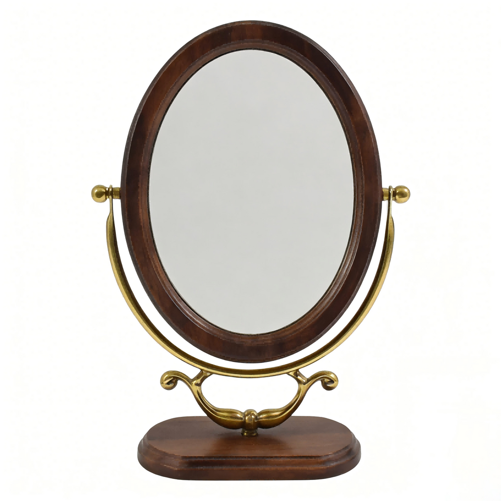 Antique-Style Oval Vanity Mirror with Wooden Base and Brass Accents