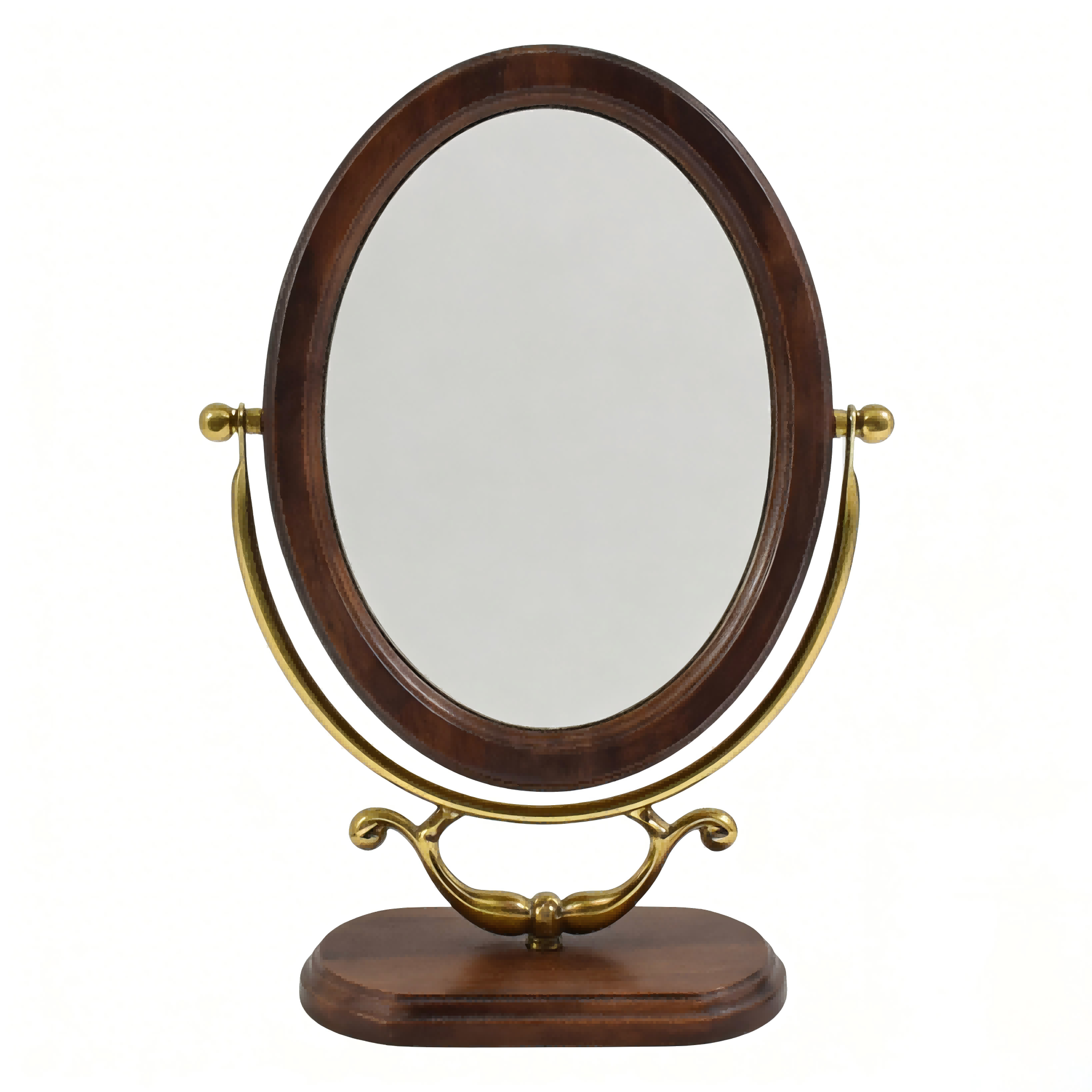 Antique-Style Oval Vanity Mirror with Wooden Base and Brass Accents