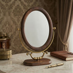 Antique-Style Oval Vanity Mirror with Wooden Base and Brass Accents