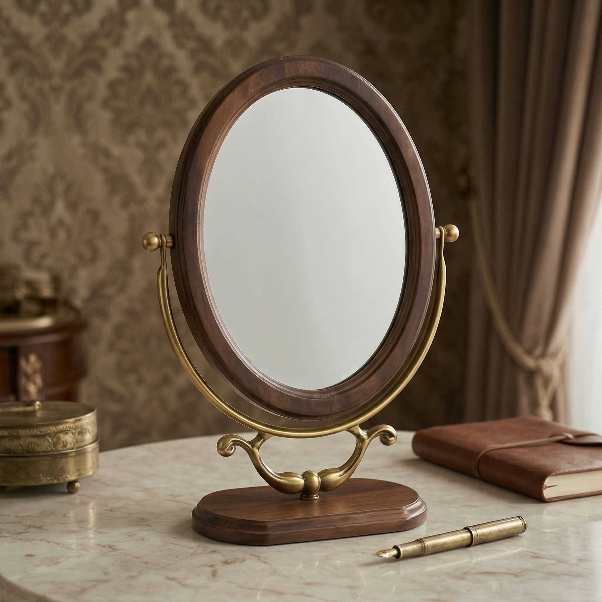 Antique-Style Oval Vanity Mirror with Wooden Base and Brass Accents