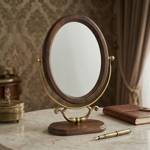 Antique-Style Oval Vanity Mirror with Wooden Base and Brass Accents