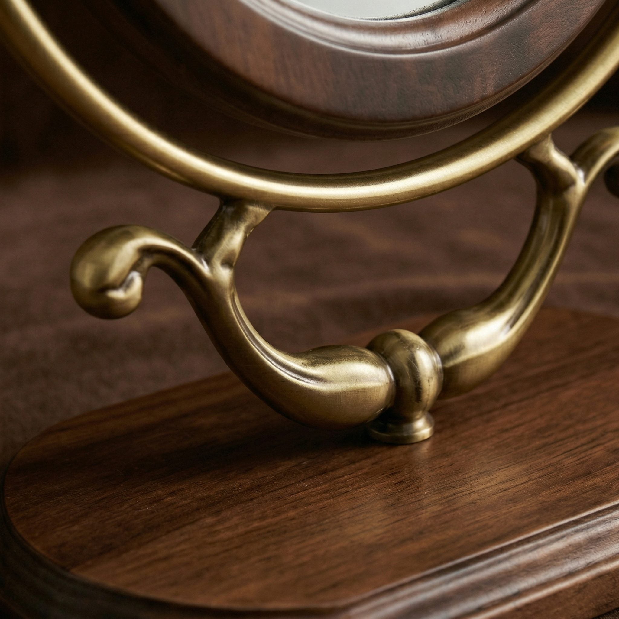 Antique-Style Oval Vanity Mirror with Wooden Base and Brass Accents