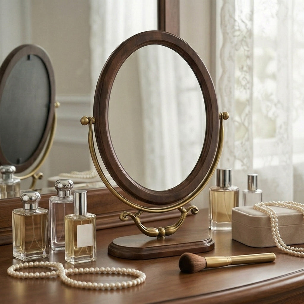 Antique-Style Oval Vanity Mirror with Wooden Base and Brass Accents