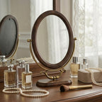 Antique-Style Oval Vanity Mirror with Wooden Base and Brass Accents