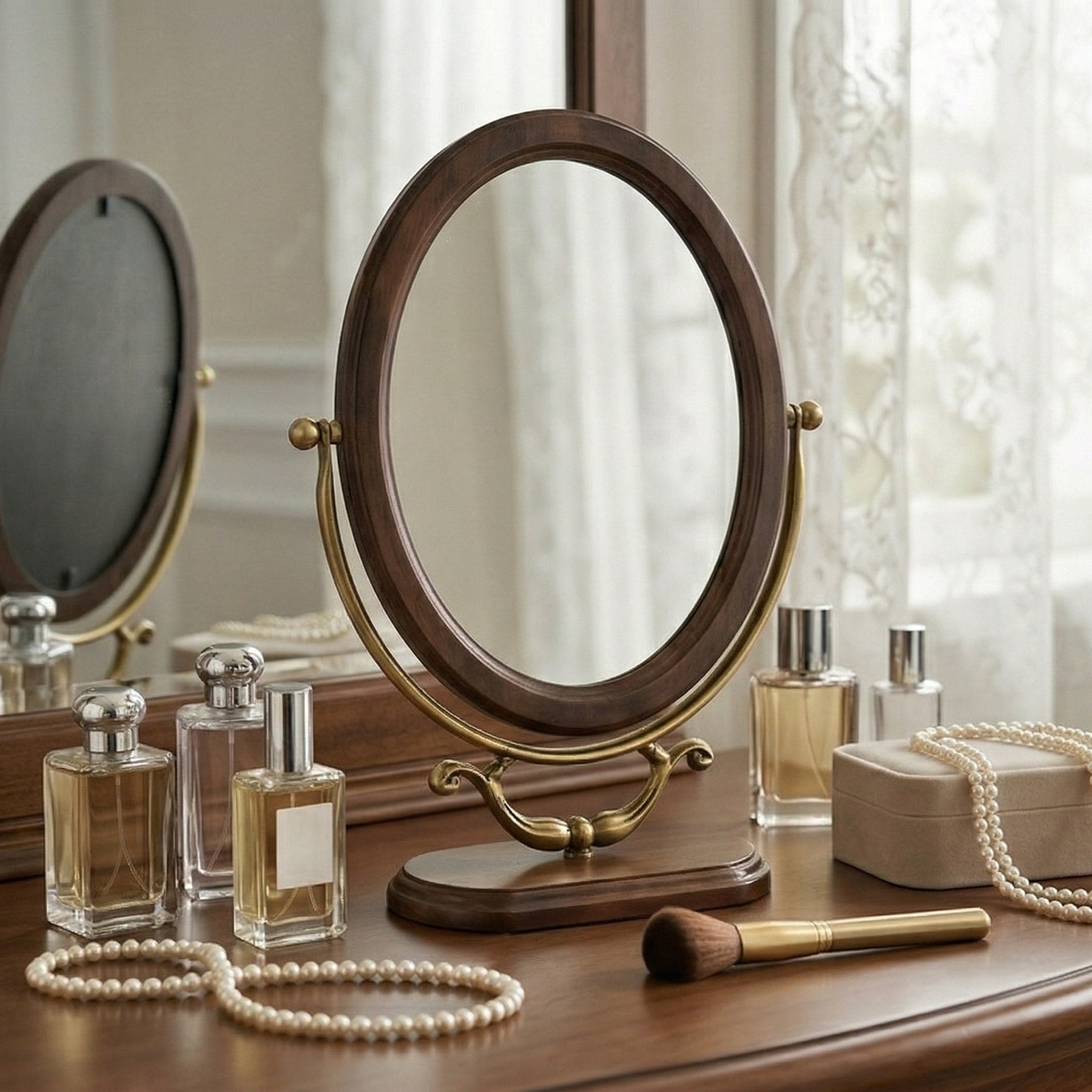 Antique-Style Oval Vanity Mirror with Wooden Base and Brass Accents