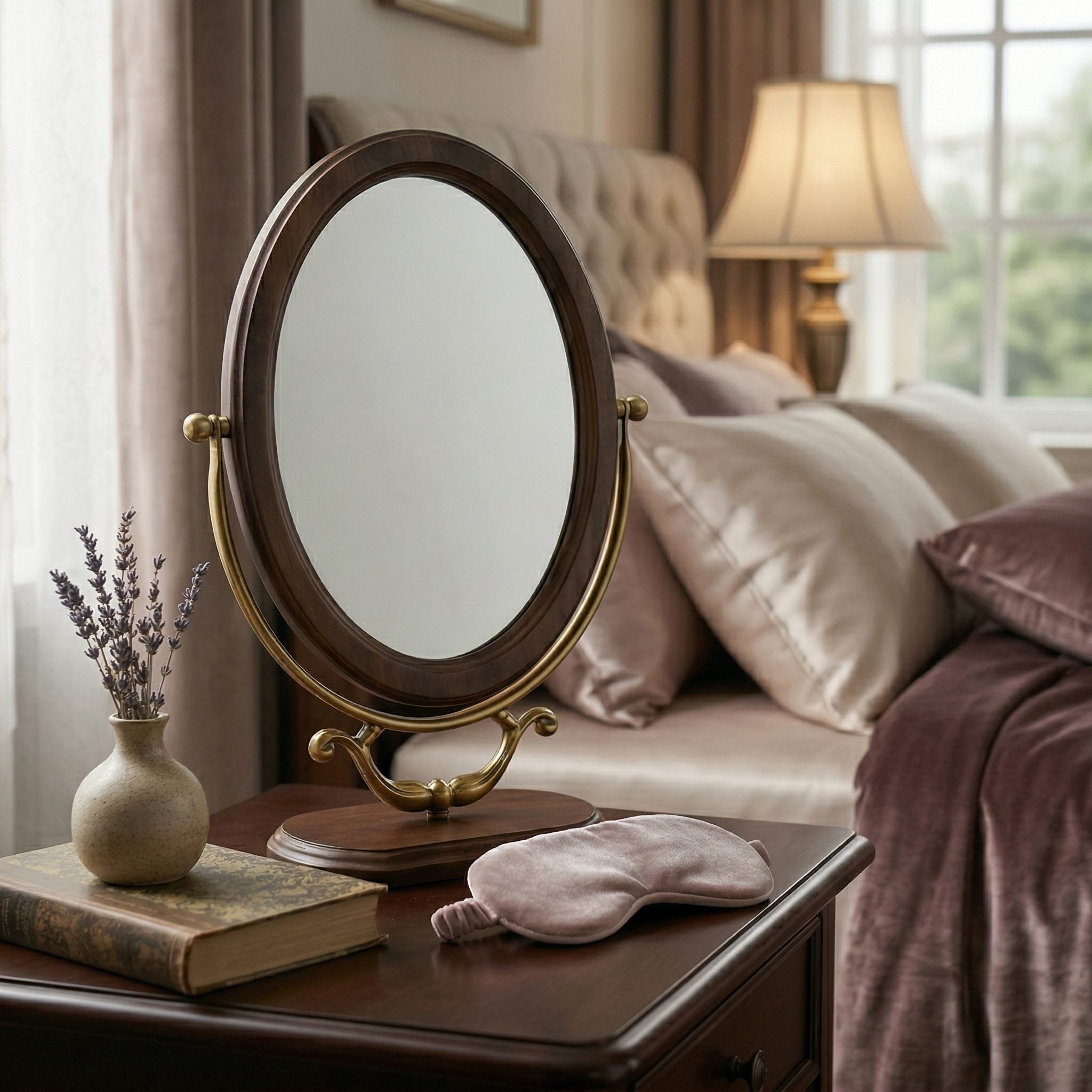 Antique-Style Oval Vanity Mirror with Wooden Base and Brass Accents