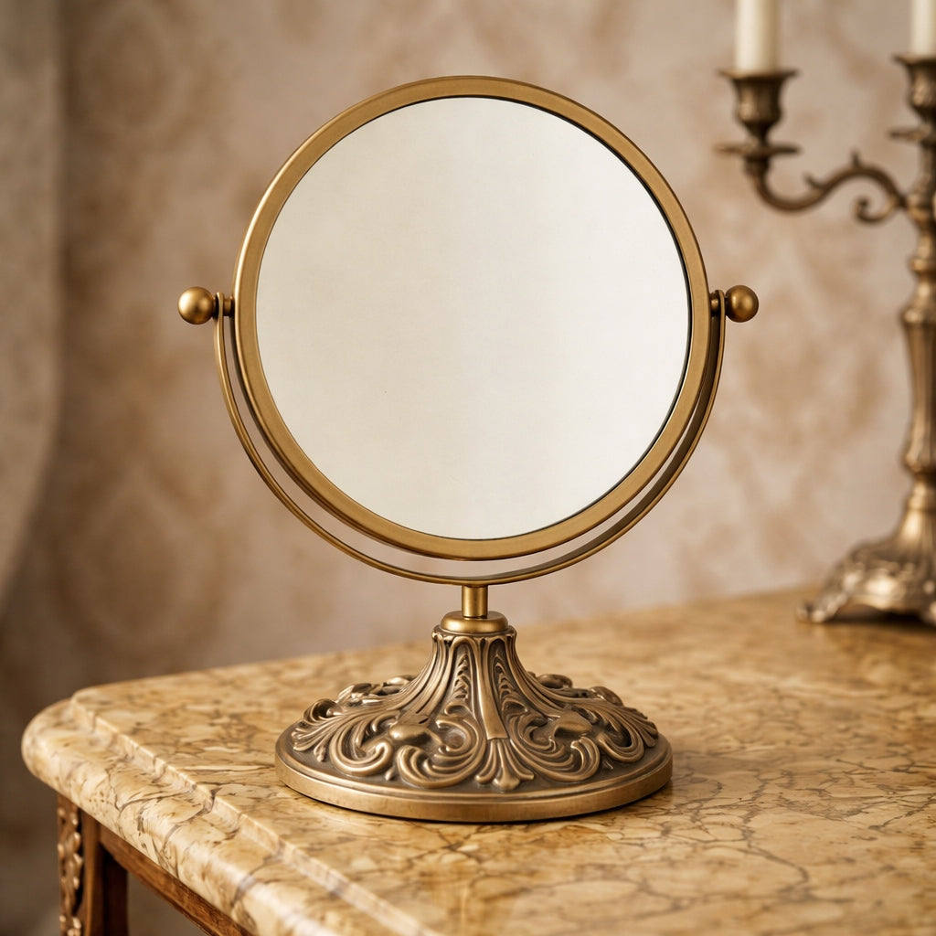 Ornate Round Vanity Mirror with Elegant Gold Finish