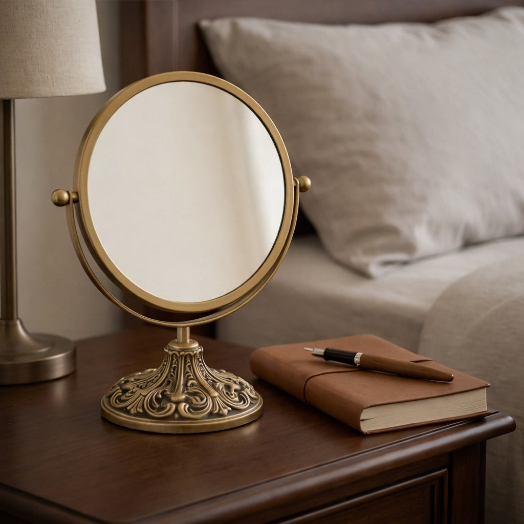 Ornate Round Vanity Mirror with Elegant Gold Finish