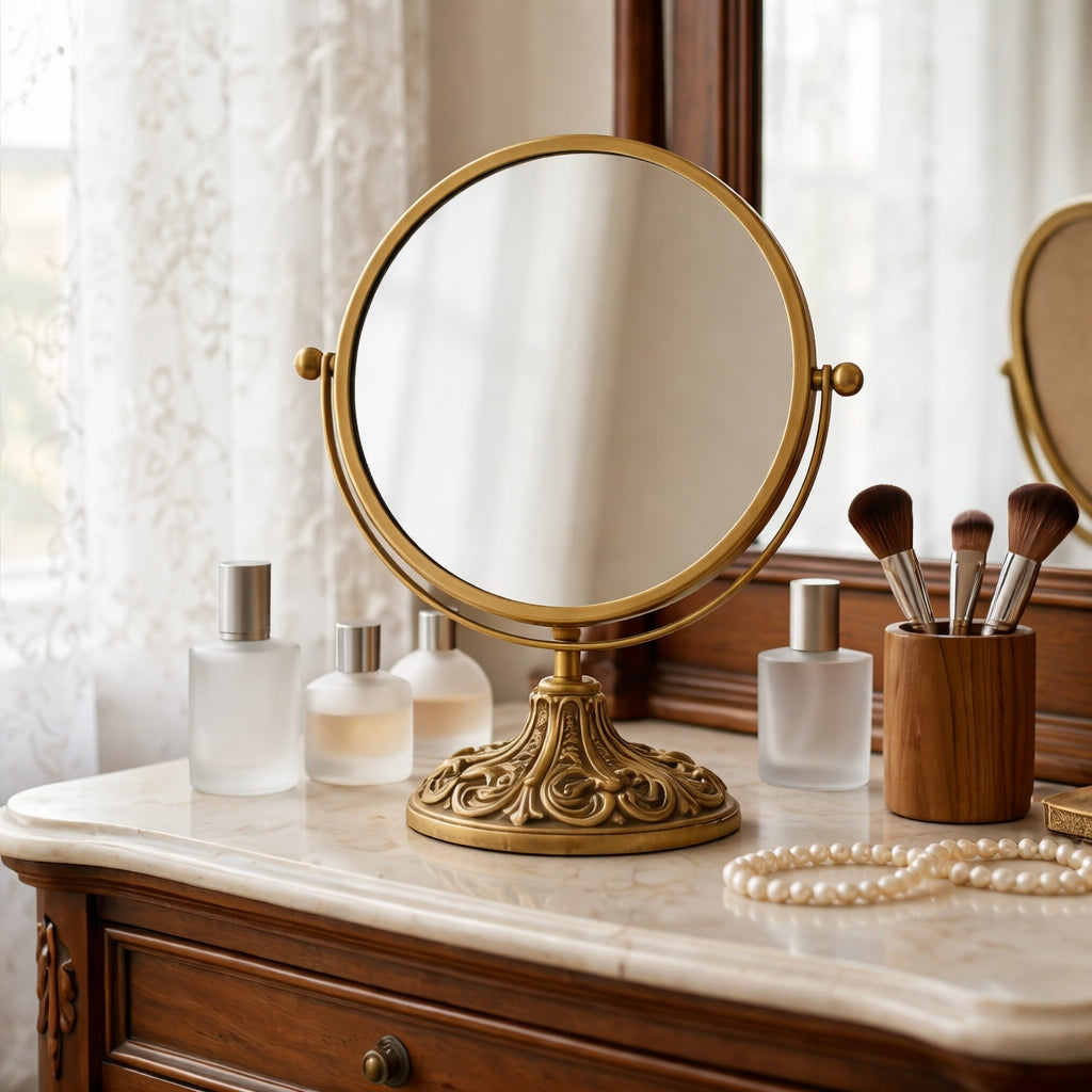Ornate Round Vanity Mirror with Elegant Gold Finish